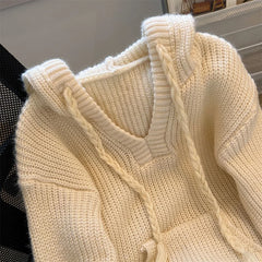 Bxoxo Autumn Knit Hooded Sweater for Women Korean Sweet Preppy Solid Pullover Y2K Harajuku All-Match Simp Knitting Jumpers Female New