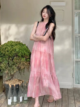 Bxoxo Pink Tie Dye Beach Long Dress Women Elegant Casual Sleeveless Sweet Tanks Dress Casual Vintage Summer Lady Loose Long Dress
