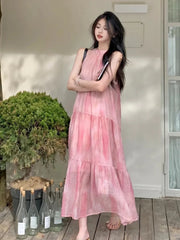 Bxoxo Pink Tie Dye Beach Long Dress Women Elegant Casual Sleeveless Sweet Tanks Dress Casual Vintage Summer Lady Loose Long Dress
