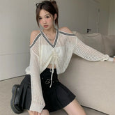 Bxoxo Off Shoulder Hollow Out Shirts Blouses Elegant and Youth Woman Blouse Drawstring Knitted V Neck Tops Vintage Y2k 2022 Fashion