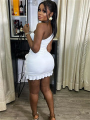 BXOXO Sexy Incline Shoulder Women Mini Dress Solid Unique Appliques Ruffle Pleated Skinny Vestidos Mujer Classic Party New Frock