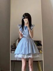 BXOXO Cute Sweet Blue Plaid Dress Women Elegant 3D Floral Flying Sleeve Mini Dress Japan Vintage Slim Kawaii Lace Patchwork Dress