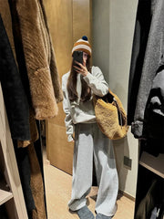 Bxoxo Winter Thick Women Wide Leg Pants Women Y2K Streetwear Loose Warm Joggers High Waist Drawstring Oversize Straight Trousers