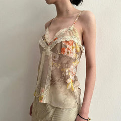 BXOXO Vintage Floral Print Strap Top Retro Y2k Lace Stitching V-neck Crop Tops Women Summer Casual Tees Aesthetic Harajuku Chic