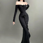 Elegant Fashion Off Shoulder Dark Flower Ruffles Long Dress Gothic Slash Neck Long Sleeve Maxi Dresses For Women 2024