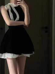 Bxoxo Elegant Halter Neck Dress Woman Y2K Black Hepburn Style Bow Bandage Sleeveless Mini Dress Summer Slim Patchwork Party Vestidos