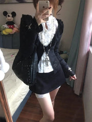 BXOXO Goth Women Two Pieces Set Hot girl Punk Y2k Cross Lace Slim Cardigan 2000s Harajuku Short Skirt Hollowed Out Butterfly Sleeve