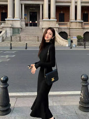 Bxoxo Fashion Turtleneck Black Midi Dress Y2K Korean Elegant Hepburn Style Slim Fishtail Dress Autumn Office Lady Long Sleeve Vestidos