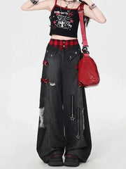 Bxoxo Y2K Gothic Hole Jeans Women American Streetwear Loose Patchwork Wide-Leg Denim Pants High Waist Hip Hop Grunge Straight Trousers