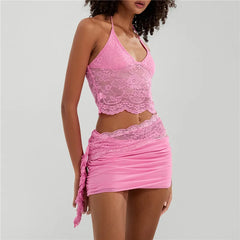 BXOXO Sexy Lace Two Piece Set Women Outfit Halter Neck Backless Crop Top And Bodycon Mini Skirt Female Club Party Dress Sets