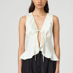 BXOXO Women Fashion Satin Vest Sleeveless Lace Up Front Ruffle Hem Tank Top Solid Color Tie Camisole Summer Going Out Top