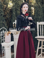 BXOXO Vintage Gothic Two Piece Dress Sets Women Black Lace Ruffle Blouse + Lace-up Midi Skirt Winter Court Retro Casual Suits Y2k