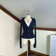 Bxoxo American Navy Blue Knitted Hooded Cardigan Y2K Fashion Slim Casual Buttons Sweater Jacket Female Long Sleeve All-Match Sweaters