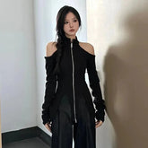 BXOXO 2025 New Stand Collar Zipper Tops Women Off Shoulder Long Sleeve T-shirts Y2k E-Girl Slim Fit Halter Knitted Tee Shirt Sweater