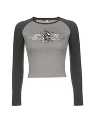 BXOXO Women Raglan Long Sleeve Crop Tops Print Casual Retro Round Neck Crop T-shirt Blouse Y2k Harajuku Streetwear Clubwear