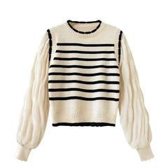 Bxoxo women Black and white striped fake two-piece knitted sweaters pring and autumn Korean soft glutinous pullover sweater female