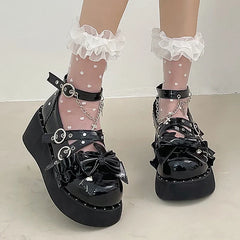 BXOXO Y2K Metal Chains Punk Gothic Shoes Women Black Patent Leather Buckle Strap Wedges Pumps Woman Thick Platform Rivet Lolita Shoes
