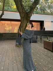 Bxoxo Sexy Slash Neck Knit Sweater 2 Piece Set Women Y2K Autumn Winter Slim Crop Sweater Female Korean High Waist Long Skirt Suit New