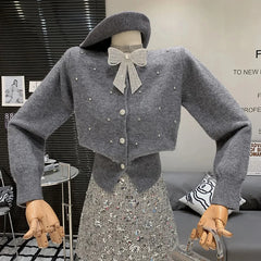 Bxoxo Korean Sweet Diamonds Knit Cardigan Women Autumn Chic Beaded Bow Design Slim Sweaters Solid Long Sleeve Single Breasted Tops