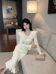 Bxoxo Elegant Ruffled Slim Mermaid Dress Women Autumn New Patchwork Casual Midi Dress Female Korean Long Sleeve Knit Folds Vestidos