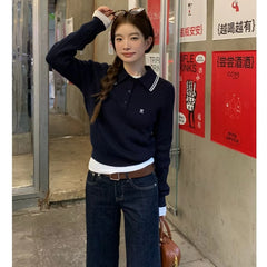 Bxoxo Preppy Style Embroidery Sweaters Women Old Money Style Korean Knitted Pullover Vintage Long Sleeve Gray Polo Jumpers