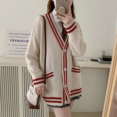 Bxoxo Women Cardigan Sweater Varsity Striped Front Pocket Long Sleeve Button-up Knit Sweater Jacket College Student Girl Preppy Style