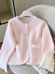 Bxoxo Faux Mink Cashmere Sweet Cardigan Women Long Sleeve O Neck Elegant Knitted Sweaters Korean Fall Winter Fashion Soft Pockets Tops