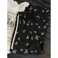 Bxoxo High Waist Wide Leg Pants Women Summer Loose Butterfly Print Female Casual Pants Y2K Korean Drawstring Floor Length Trousers