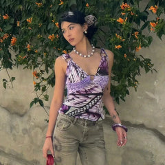 Bxoxo Japanese Y2k Purple Camisole Trashy 2000s V-neck Tank Top Grunge Aesthetics Backless Crop Top Vintage Harajuku Camis Top