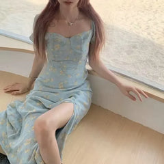 Bxoxo Blue Floral Print Summer Dress Women's High Slit Bubble Sleeve Long Dress Sweet Initial Feeling French Style Tea Break Dress