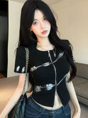 Bxoxo Harajuku Y2K T Shirt Women Slim Sexy Cropped Double Zipper Vintage Tees Streetwear Vintage American Casual O Neck Lady Tops