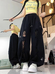 Bxoxo Y2K Hole Wide Leg Pant Women Streetwear Loose High Waist Lace Patchwork Trouser American Vintage Casual Harajuku Bf Pants