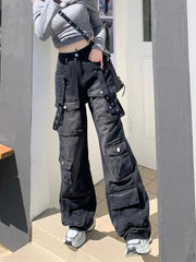 BXOXO 2000S Clothes Y2K Streetwear Washed Black Baggy Cargo Jeans Pants For Women Wide Leg Multi Pockets Straight Loose Lady Trousers
