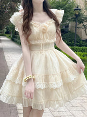 Bxoxo 3D Floral Sweet Mini Dress Women Casual Fashion Slim Flying Sleeve Cake Dress Preppy Style Lace Patchwork Cute Vestidos New