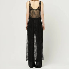 BXOXO See Through Lace Hollow Out Sexy Maxi Dress For Women Fashion U Neck Sleeveless Backless Transparent Beach Long Dress