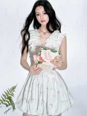 BXOXO Floral V Neck Sexy Dress Women Casual Elegant Sleeveless Mini Dress Vintage Lace Up Female Korean Summer Beach Style Dress