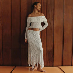 Bxoxo Polka Dot Lace Long Sleeve Off Shoulder Crop Tops + Elegant Bodycon Long Dress Fall Fashion Vacation Beach 2 Piece Set