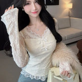 Bxoxo Sexy Lace Patchwork Women T Shirt Women Korean Chic V Neck Slim Cropped Tops Y2K Female Solid Sweet Bow Bottoming Tees