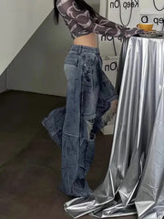 BXOXO Women's Knee Hole Design Dirty Blue Jeans Summer Cool Girl Wide-leg Denim Trousers Vintage Bottoms Female High Waisted Pants