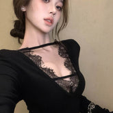 Bxoxo High End Backless Front and Back Lace Patchwork Long Sleeved T-shirt for Women Wearing Tight Fitting and Pure Desire Base Top