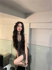 BXOXO Japanese Sexy Dark Sleeveless V-neck Women Dresses Cascading Ruffles Asymmetrical Femme Robe Harajuku 2025 Summer Camisole Dress
