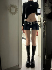 Bxoxo Woman Casual Hot Slim Pants Low Waist Jean Solid Color Wash shorts Goblin Denim Shorts Y2k Classical Sexy Gyaru Dark Academia