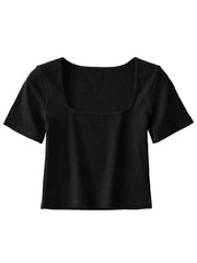 BXOXO Women Square Neck Rib Crop T-shirt Short Sleeve Crop Top