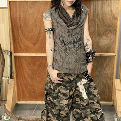 BXOXO Street Hole Hollow Out Tops Women Pearl Button Print Hoodie Tee Shirt Y2k Grunge Slim Fit Sleeveless T-shirts Vest Tanks