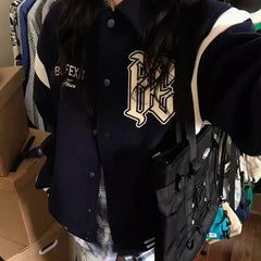 Bxoxo Vintage Letter Embroidery Baseball Jacket Women Y2K Korean Loose Preppy Button Coats Bf Autumn Outdoor All Match Windbreaker