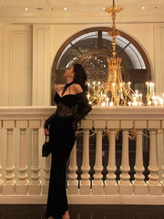 BXOXO Sexy French Sheath Off The Shoulder Black Lace Prom Dresses Birthday Outfits Evening Gown HOT1056