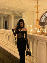 BXOXO Sexy French Sheath Off The Shoulder Black Lace Prom Dresses Birthday Outfits Evening Gown HOT1056