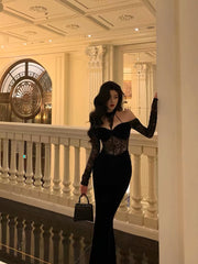 BXOXO Sexy French Sheath Off The Shoulder Black Lace Prom Dresses Birthday Outfits Evening Gown HOT1056