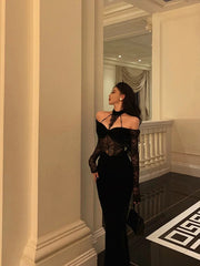 BXOXO Sexy French Sheath Off The Shoulder Black Lace Prom Dresses Birthday Outfits Evening Gown HOT1056