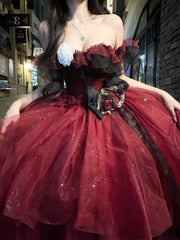 BXOXO Sexy Ball Gown Strapless Burgundy Tulle Birthday Dresses Night Party Dress HOT1159
